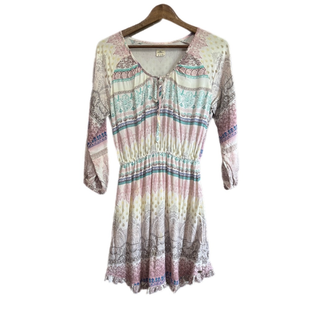 O'Neill Paisley Boho Mini Dress Womens Small Pink Cream Excellent Long Sleeve